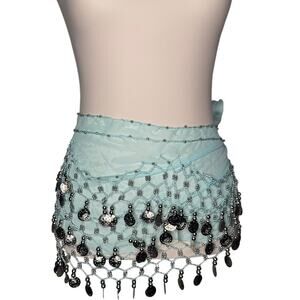 Aqua Chiffon Coin Hip Scarf Wrap Skirt Belly Dance Festival Costume